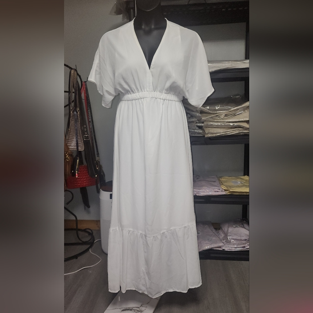 White Smocked Tiered Maxi Dress with Plunge Neckline